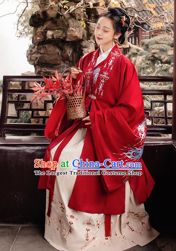 Chinese Ming Dynasty Royal Empress Embroidered Red Costumes Traditional Ancient Court Woman Garment Hanfu Cloak Blouse and Skirt Full Set