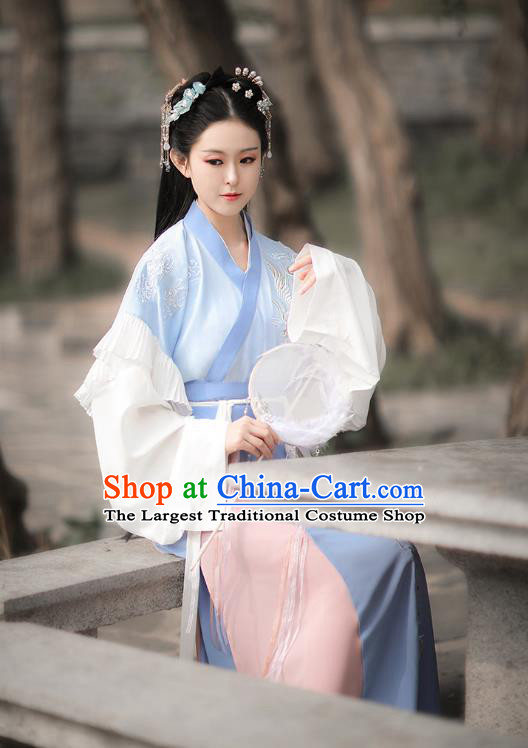 Traditional Chinese Jin Dynasty Embroidered Costumes Ancient Royal Princess Hanfu Dress Blue Half Sleeve Garment Blouse and Skirt Complete Set