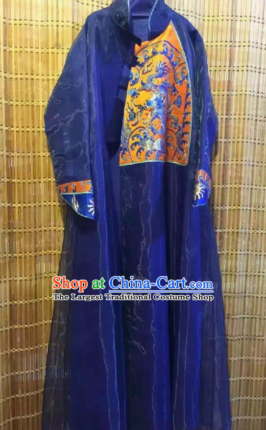 Traditional Chinese Embroidered Royalblue Organza Cheongsam National Costume Republic of China Stand Collar Qipao Dress for Women