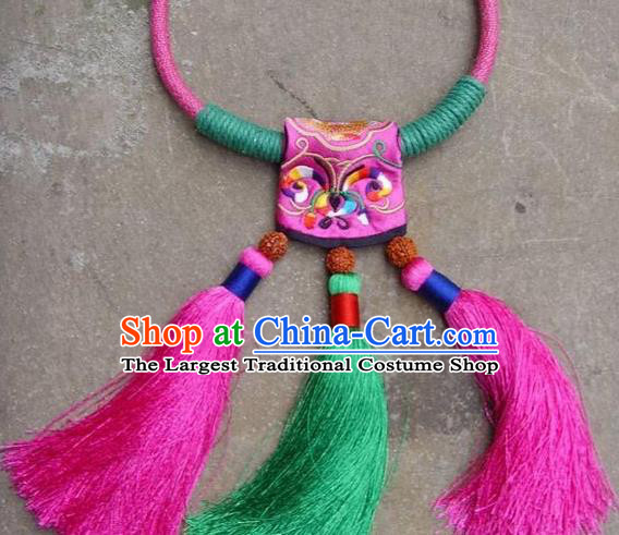 Chinese Handmade Miao Nationality Embroidered Tassel Necklace Traditional Minority Ethnic Necklet Accessories for Women
