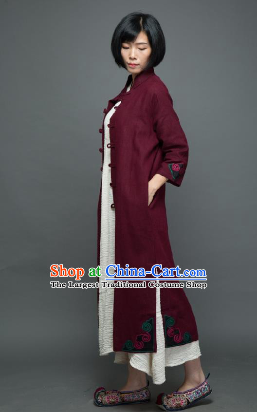 Traditional Chinese Overcoat Dress National Costume Tang Suit Embroidered Wine Red Dust Coat for Women