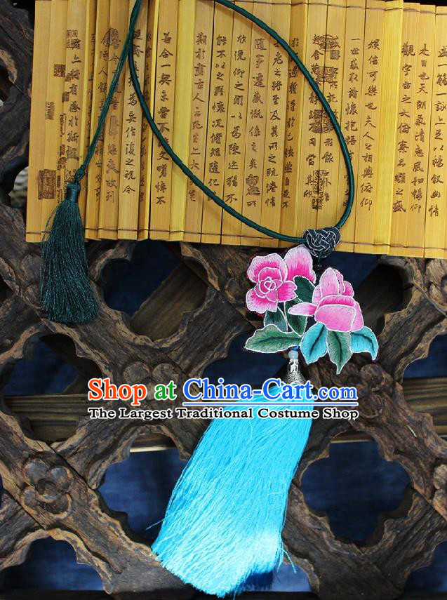Chinese Handmade Miao Nationality Embroidered Roses Necklet Accessories Traditional Minority Ethnic Blue Tassel Necklace for Women