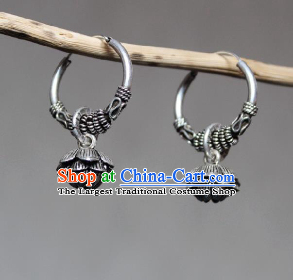 Chinese Handmade Miao Nationality Silver Carving Flower Ear Accessories Traditional Minority Ethnic Retro Earrings for Women