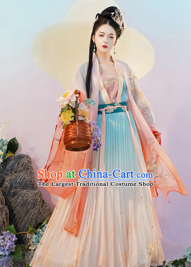 Traditional Chinese Tang Dynasty Noble Woman Hanfu Dress Apparels Ancient Royal Princess Historical Costumes Embroidered Cape Blouse and Skirt Complete Set