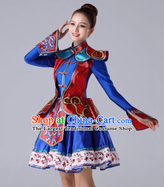 Traditional Chinese Ethnic Dance Outfits Folk Dance Royalblue Dress Mongol Nationality Stage Performance Costume for Women