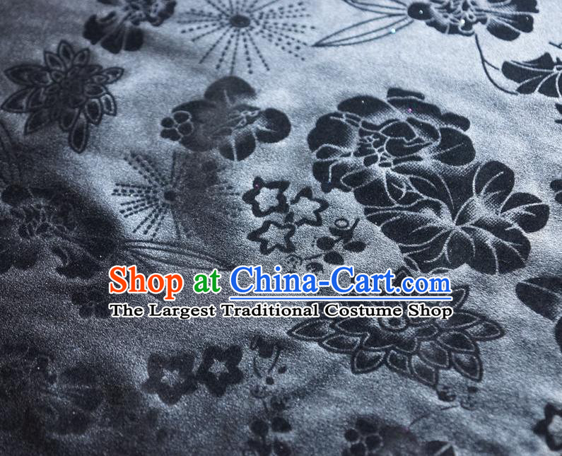 Chinese Traditional Flowers Pattern Design Black Flocking Fabric Velvet Cloth Asian Pleuche Material