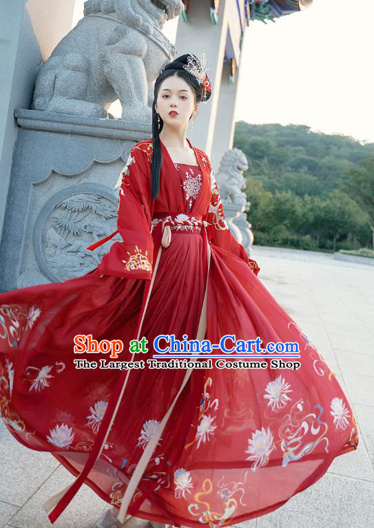 Chinese Ancient Princess Red Hanfu Dress Historical Costumes Traditional Tang Dynasty Royal Infanta Apparels Embroidered Cloak Blouse and Skirt Complete Set