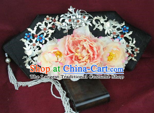 Chinese Traditional Qing Dynasty Royal Princess Pink Peony Hair Accessories Drama Treading On Thin Ice Ancient Court Maid Flag Bun Headwear
