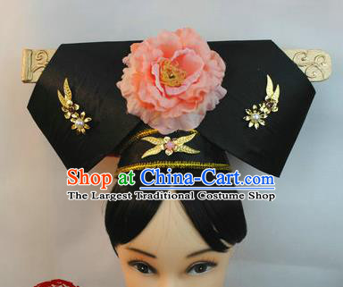 Chinese Traditional Qing Dynasty Queen Hair Accessories Drama Ancient Imperial Empress Pink Peony Satin Flag Bun Headwear