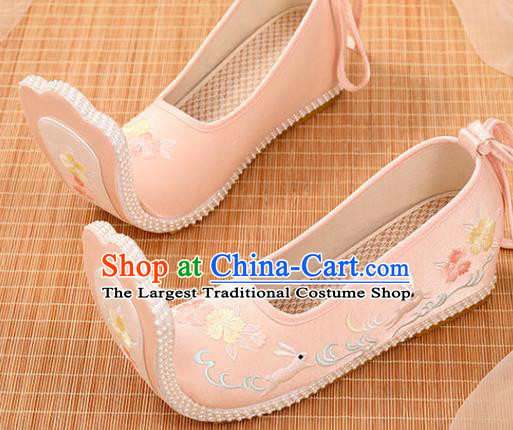 Chinese Ancient Princess Pink Satin Embroidered Shoes Court Women Shoes Handmade Palace Lady Shoes Embroidery Rabbit Shoes