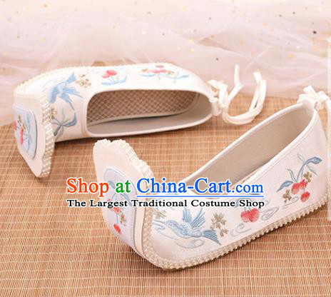 Chinese Ancient Court Women White Satin Embroidered Shoes Princess Shoes Handmade Palace Lady Shoes Embroidery Cherry Bird Shoes