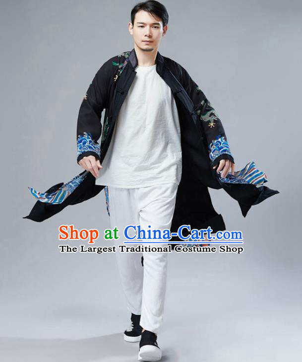 Chinese National Printing Dragon Black Chiffon Coat Traditional Tang Suit Outer Garment Overcoat Costume for Men