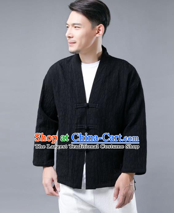 Chinese National Black Flax Jacket Traditional Tang Suit Outer Garment Overcoat Costume Coat for Men