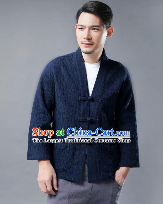 Chinese National Navy Flax Jacket Traditional Tang Suit Outer Garment Overcoat Costume Coat for Men