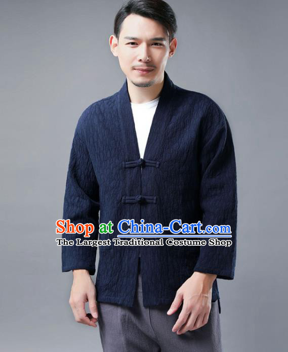 Chinese National Navy Flax Jacket Traditional Tang Suit Outer Garment Overcoat Costume Coat for Men