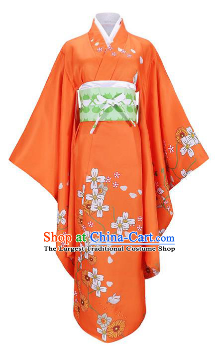 Traditional Japanese Printing Costumes Japan Kimono Cosplay Orange Yukata Dress for Women