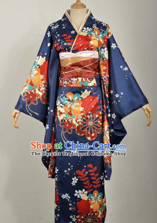 Traditional Japanese Court Silk Costumes Japan Geisha Printing Navy Yukata Dress Furisode Kimono and Belt Complete Set for Women