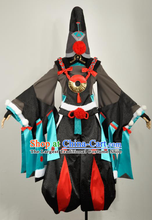 Traditional Japan Cosplay Female Swordsman Black Costumes Japanese Ancient Onmyoji Kimono Clothing and Headwear for Women