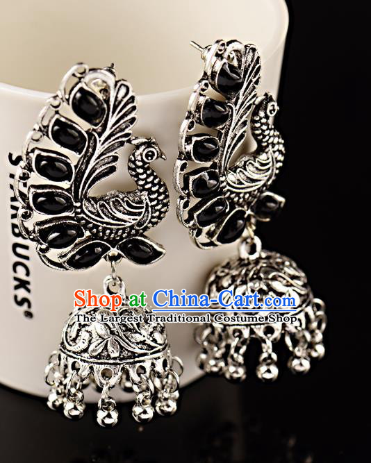 Asian India Traditional Black Gems Argent Peacock Eardrop Asia Indian Bells Tassel Earrings Bollywood Dance Jewelry Accessories for Women
