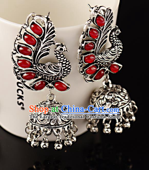 Asian India Traditional Red Gems Argent Peacock Eardrop Asia Indian Bells Tassel Earrings Bollywood Dance Jewelry Accessories for Women