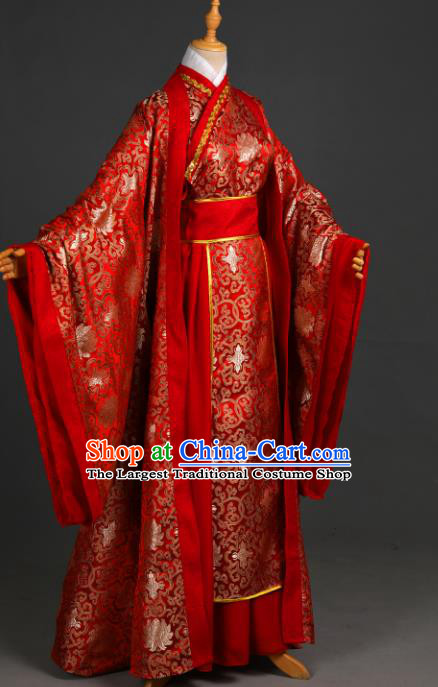 Traditional Chinese Cosplay Swordsman Xie Lian Wedding Costume Ancient Chivalrous Knight Garment Crown Prince Red Brocade Clothing for Men
