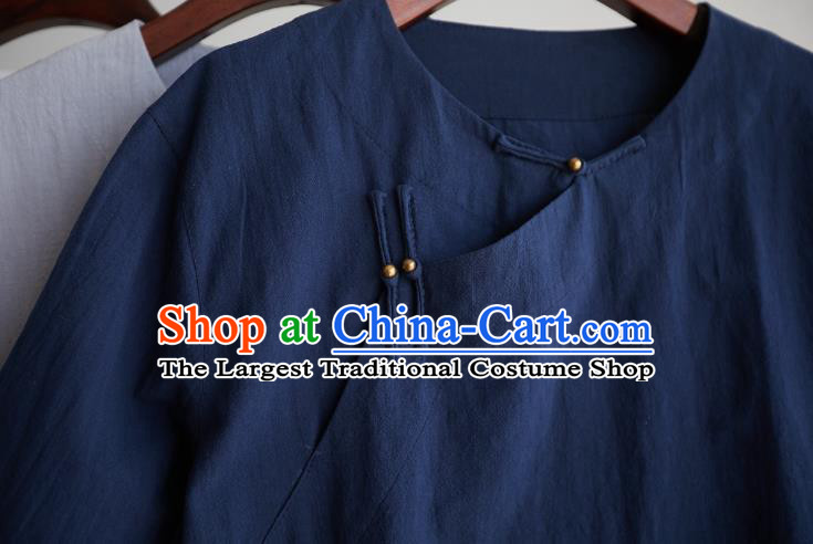 Chinese National Navy Linen Short Sleeve Shirt Traditional Tang Suit Upper Outer Garment Costume for Men
