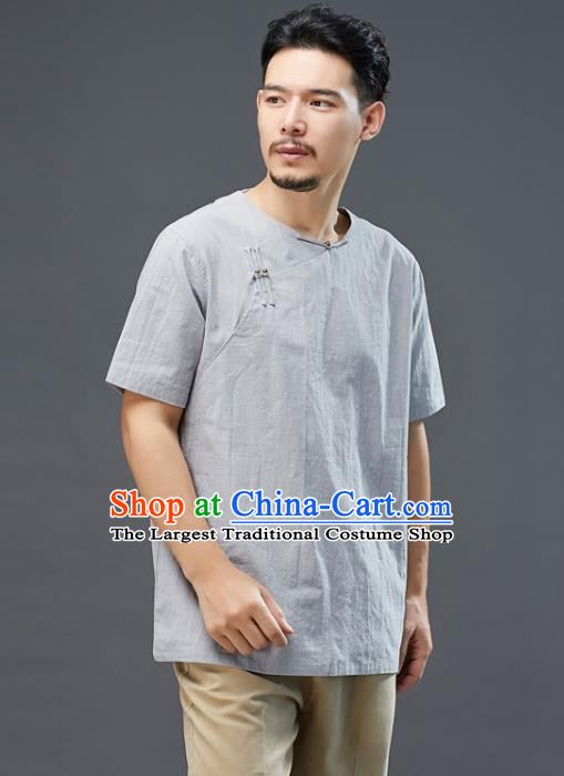 Chinese National Grey Linen Short Sleeve Shirt Traditional Tang Suit Upper Outer Garment Costume for Men