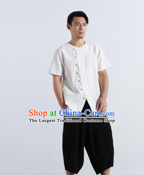 Chinese National White Flax Frog Buttons Shirt Traditional Tang Suit Short Sleeve Upper Outer Garment Costume for Men