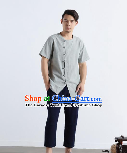 Chinese National Light Grey Flax Frog Buttons Shirt Traditional Tang Suit Short Sleeve Upper Outer Garment Costume for Men