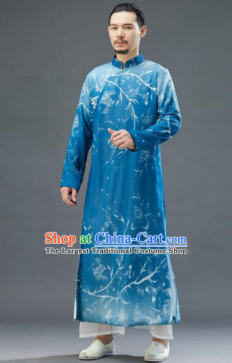 Republic of China National Blue Chiffon Robe Traditional Tang Suit Costume Printing Long Gown for Men