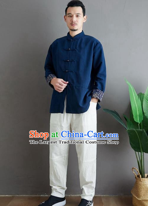 Chinese National Navy Linen Coat Traditional Tang Suit Upper Outer Garment Jacket Costume for Men