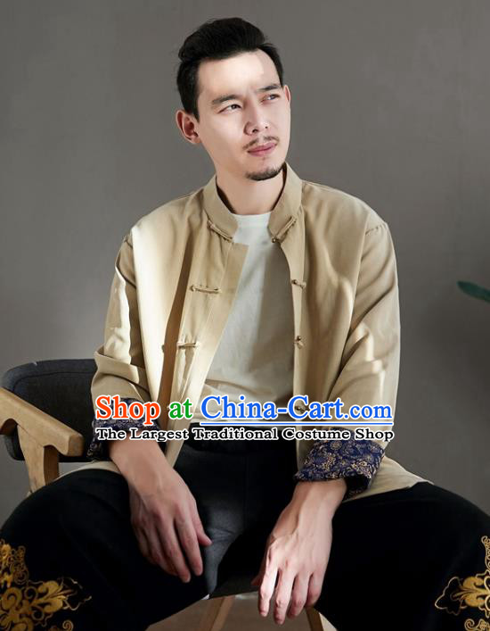 Chinese National Beige Linen Coat Traditional Tang Suit Upper Outer Garment Jacket Costume for Men