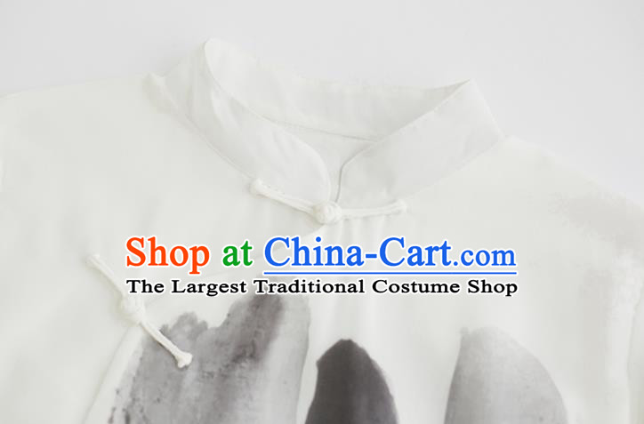 Republic of China National Ink Painting Robe Traditional Tang Suit Costume Comic Dialogue White Chiffon Long Gown for Men