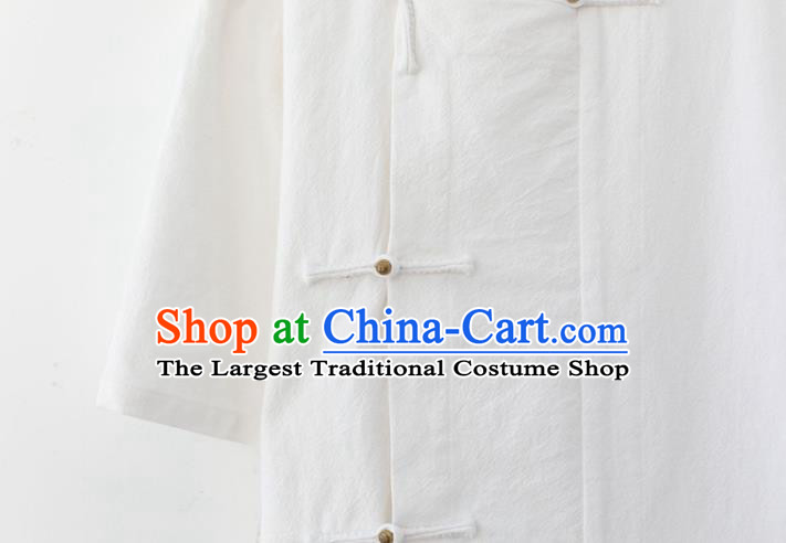 Chinese National White Linen Shirt Traditional Tang Suit Upper Outer Garment Short Sleeve Costume for Men