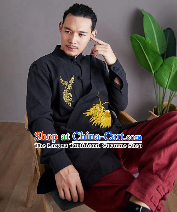 Chinese National Embroidered Black Shirt Traditional Tang Suit Upper Outer Garment Flax Costume for Men