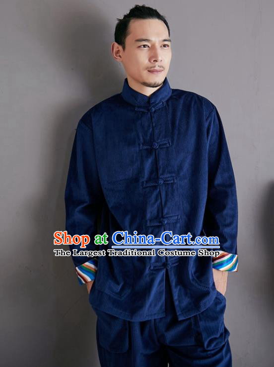 Chinese National Blue Corduroy Shirt and Pants Traditional Tang Suit Costume Martial Arts Clothing for Men