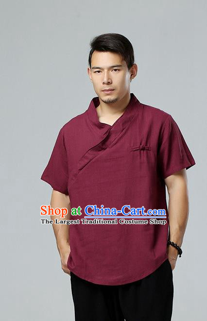 Chinese National Wine Red Flax Slant Opening Shirt Traditional Tang Suit Short Sleeve Upper Outer Garment Costume for Men