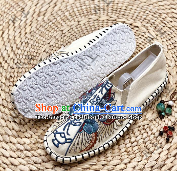 Chinese Traditional National Embroidery Beige Cloth Shoes Martial Arts Shoes Men Shoes Handmade Shoes Embroidered Shoes