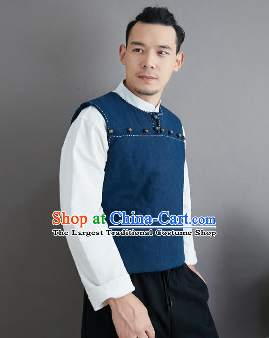 Chinese National Blue Ramine Vest Traditional Tang Suit Upper Outer Garment Waistcoat Costume for Men