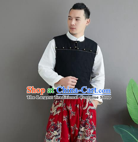 Chinese National Black Ramine Vest Traditional Tang Suit Upper Outer Garment Waistcoat Costume for Men
