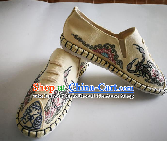 Chinese Traditional National Embroidered Beige Flax Shoes Martial Arts Shoes Men Shoes Handmade Shoes