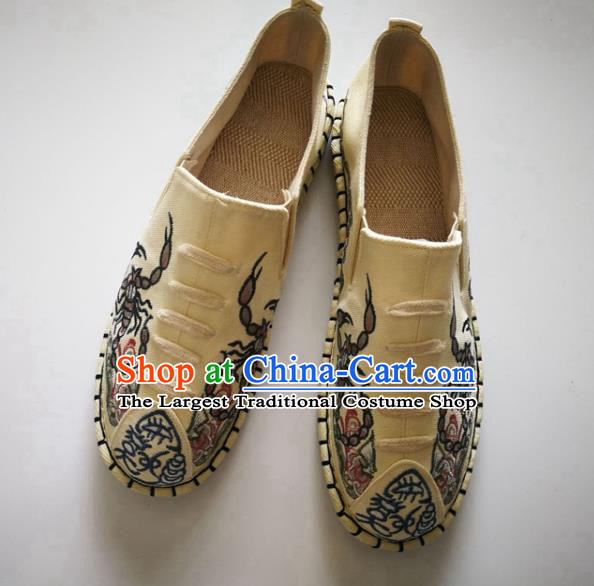 Chinese Traditional National Embroidered Beige Flax Shoes Martial Arts Shoes Men Shoes Handmade Shoes