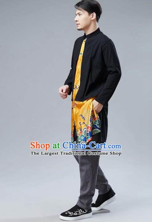 Chinese National Yellow Satin Coat Traditional Tang Suit Outer Garment Overcoat Costume for Men