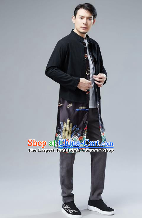 Chinese National Black Satin Coat Traditional Tang Suit Outer Garment Overcoat Costume for Men