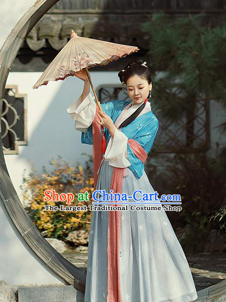 Traditional Chinese Tang Dynasty Village Lady Costumes Ancient Young Female Hanfu Dress  Half Sleeved Garment Blouse and Skirt Complete Set