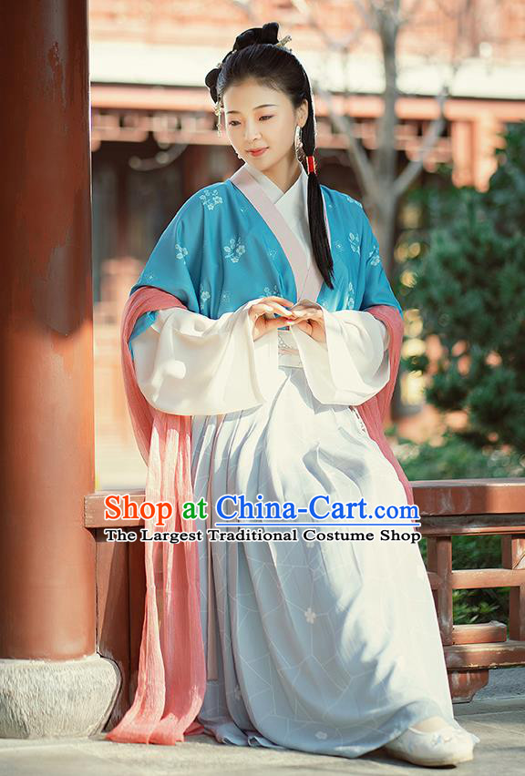 Traditional Chinese Tang Dynasty Village Lady Costumes Ancient Young Female Hanfu Dress  Half Sleeved Garment Blouse and Skirt Complete Set