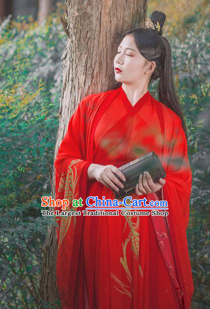 Traditional Chinese Jin Dynasty Noble Childe Wedding Costumes Ancient Swordsman Red Hanfu Clothing Complete Set