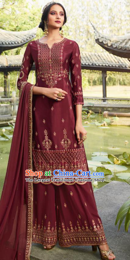 Asian India National Punjab Costumes Asia Indian Traditional Embroidered Wine Red Dress Sari and Loose Pants for Women