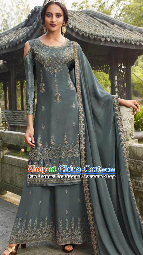 Asian India National Punjab Costumes Asia Indian Traditional Embroidered Gray Blue Dress Sari and Loose Pants for Women