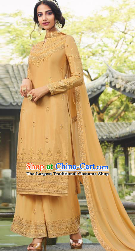 Asian India National Punjab Costumes Asia Indian Traditional Embroidered Apricot Dress Sari and Loose Pants for Women